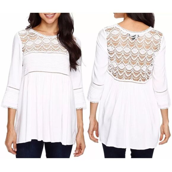 Karen Kane white crochet trim 3/4 sleeve top size large - Picture 2 of 8